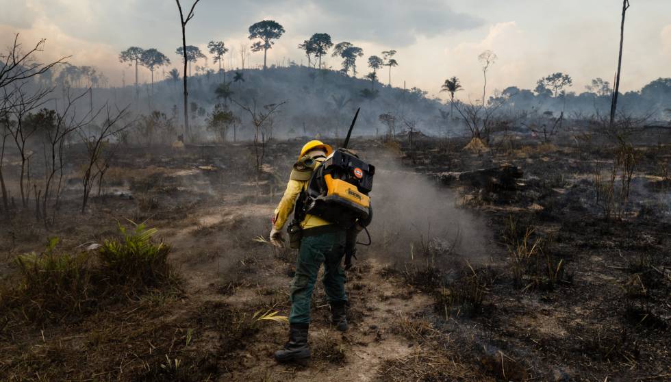 Un bombero lucha contra el fuego en un incendio forestal en Nova Fronteria, en la ciudad de Novo Progresso, en el estado de Para, en la Amazonía de Brasil, en septiembre.