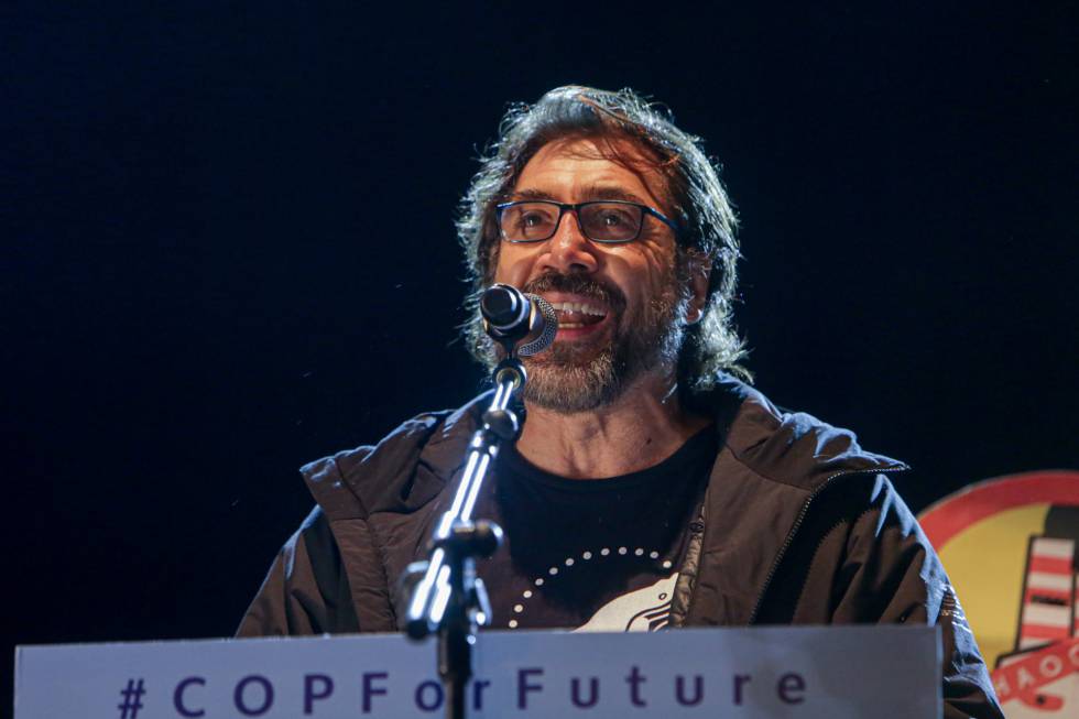 Spanish actor Javier Bardem delivers a speech at the climate rally in Madrid.