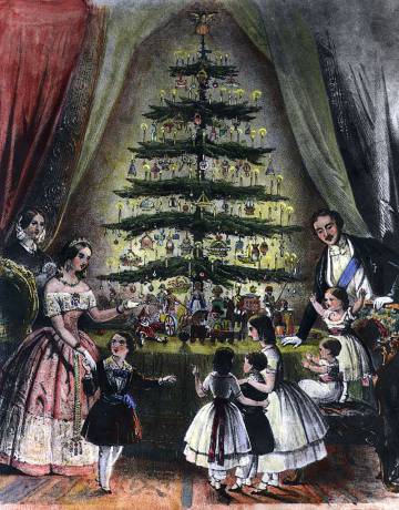 La reina Victoria de Inglaterra, su familia y un árbol navideño a punto de hacerse famoso en una ilustración de 1848.