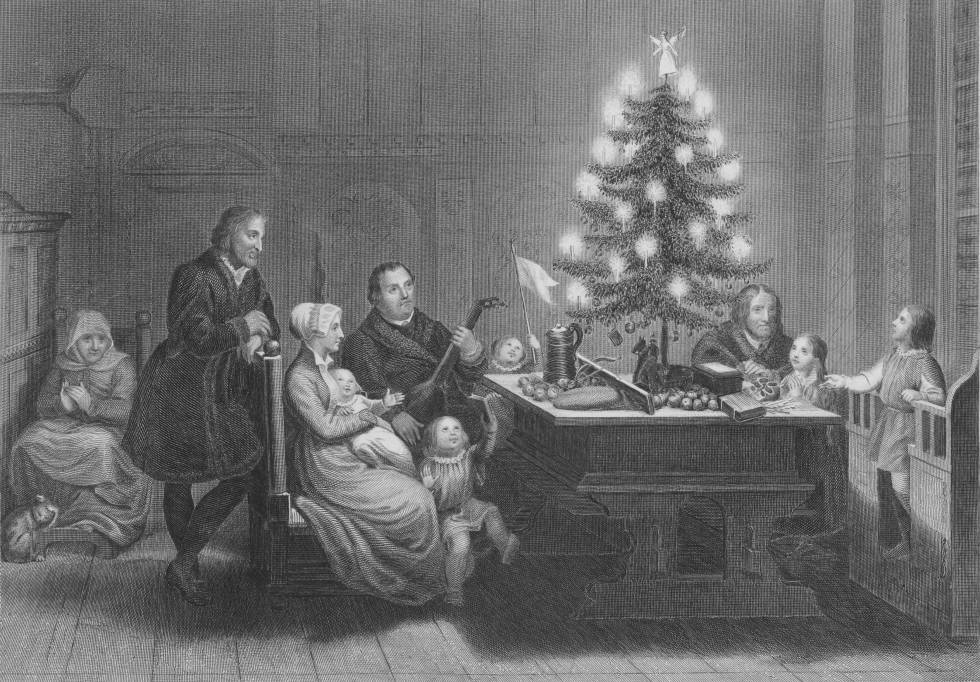Grabado del siglo XIX titulado 'La felicidad doméstica de Lutero. Navidad de 1536'. No se sabe si aquel árbol de navidad primigenio existió o no, pero su leyenda persiste.