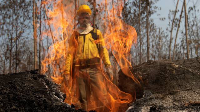 Un bombero cerca de Porto Velho (Brasil).