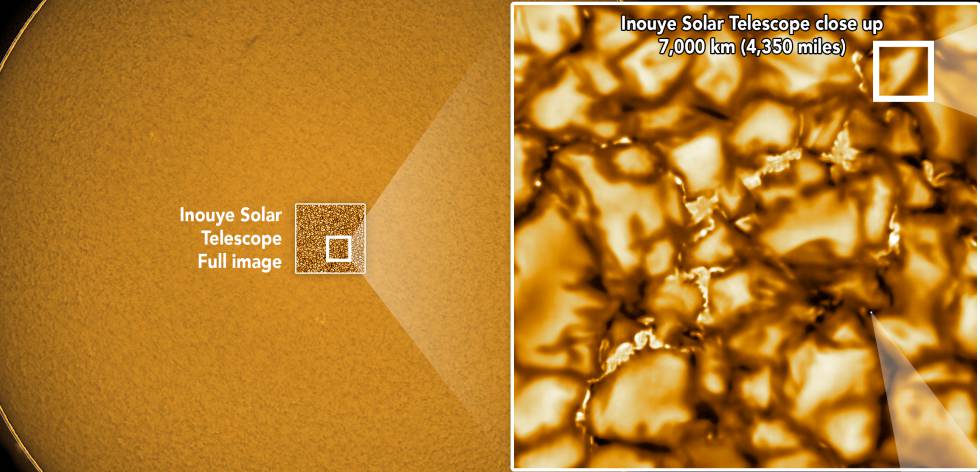 Esquema del área del Sol fotografiada por el telescopio solar Daniel K. Inouye y distribuida por la National Science Foundation.