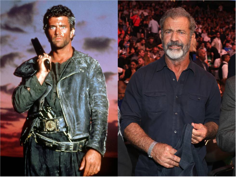 Mel Gibson en ‘Mad Max’ (1979); a la derecha, en un combate de boxeo en Las Vegas en 2018.