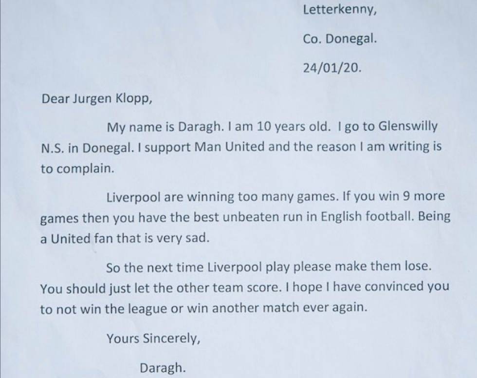 Carta que le envió Daragh Curley, hincha del Manchester United de 10 años, a Jürgen Klopp.