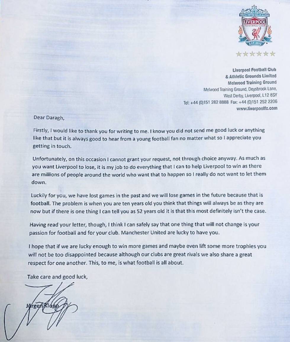 Respuesta de Jürgen Klopp, entrenador del Liverpool, al joven aficionado del Manchester United.