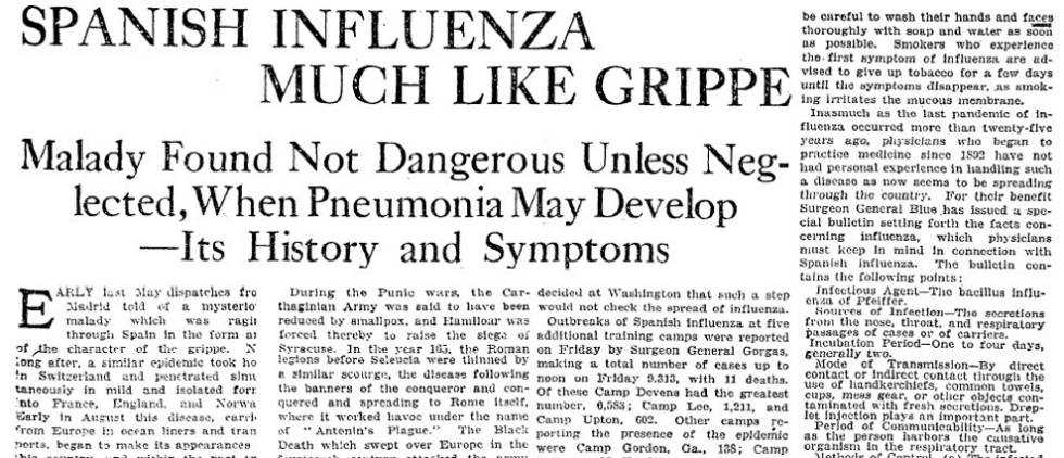 Noticia sobre la “gripe española” publicada en ‘The New York Times’, el 2 de noviembre de 1918.