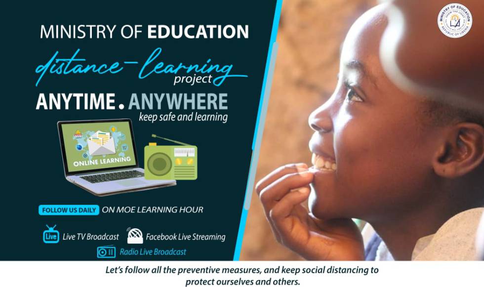 Cartel informativo del proyecto de educación a distancia del Ministerio de Educación de Liberia.