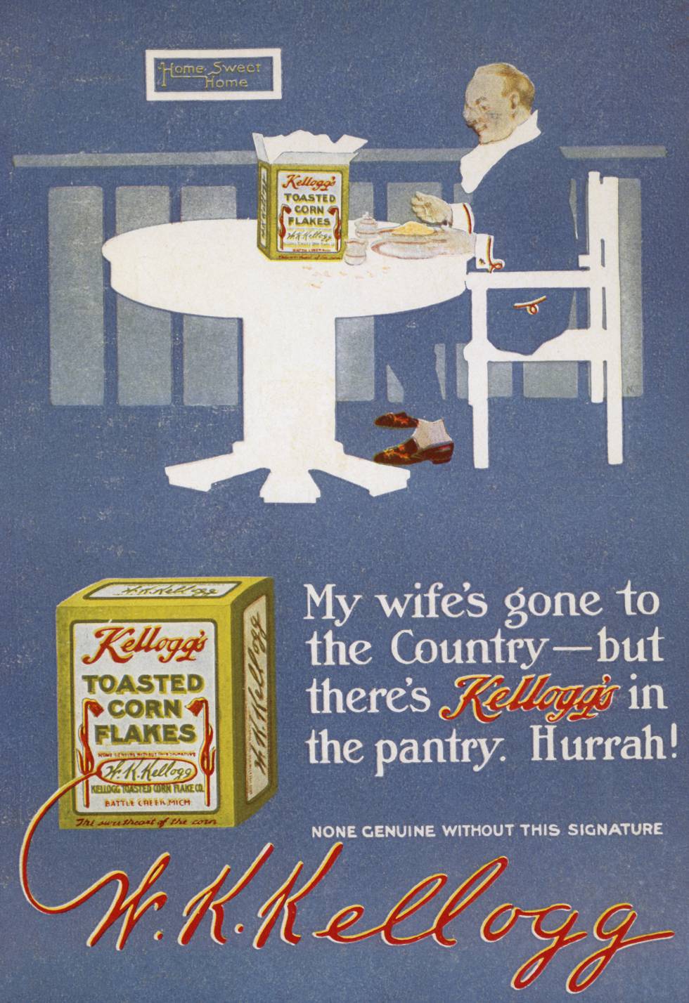 Anuncio de Kelloggs de la época. Un 'señoro' cena solo cereales porque su mujer se ha ido al campo. Poco le pasa a este.