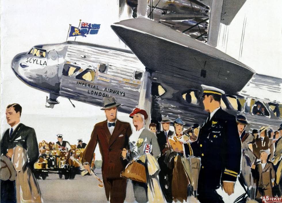 Cartel publicitario de Imperial Airways, la primera compañía aérea comercial británica de largo alcance, publicado en 1936.