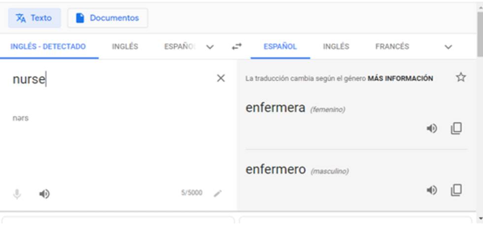 Captura de pantalla de Google Translate que muestra desdoblamiento de género femenino y masculino en la traducción de una palabra (14-05-2020).
