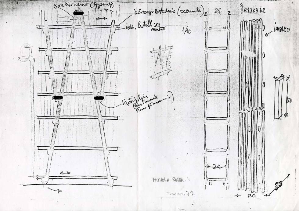 Boceto de Vico Magistretti para la librería Nuvola Rossa, para Cassina.