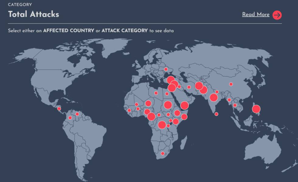 Mapa de los países donde se han producido más ataques en sus escuelas.
