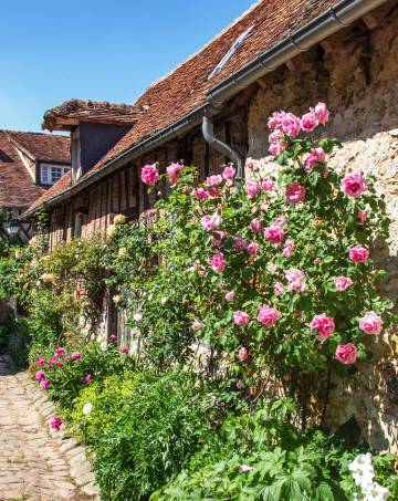 Una fachada de cubierta de rosas en una calle peatonal del pueblo francés de Gerberoy.