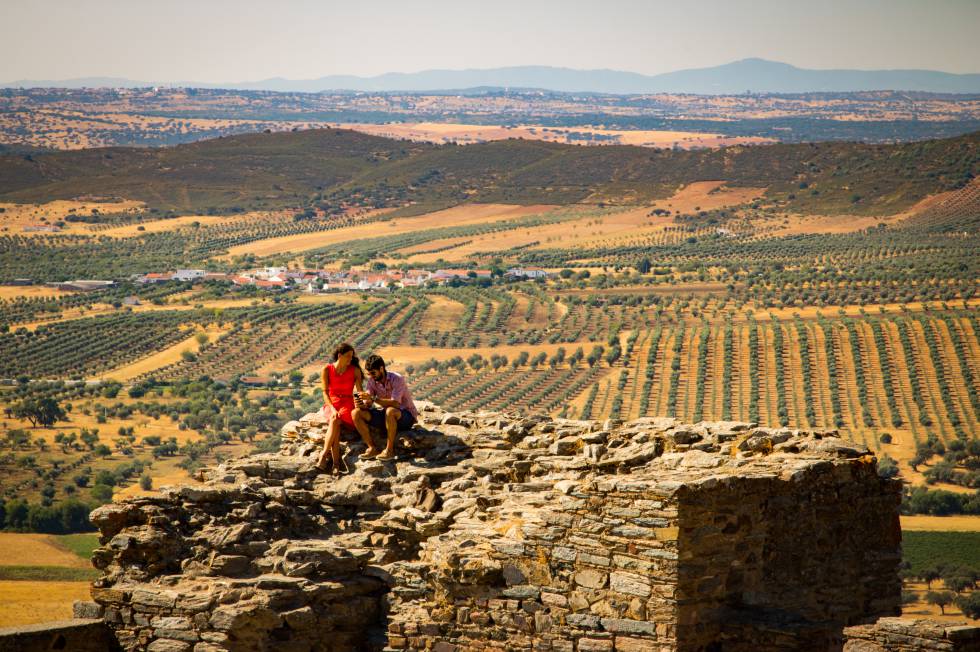 Two young men in a fortress in Alentejo, Portugal.