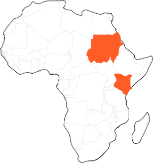 Mapa de África donde se señalan Sudán y Kenia