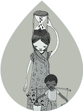 Ilustración de una mujer y un niño cargando agua