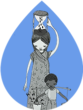 Ilustración de una mujer y un niño cargando agua