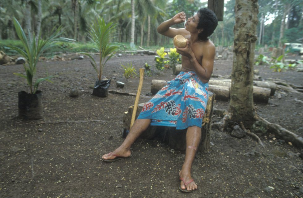 En la imagen, un hombre come un coco en Samoa Occidental, donde el Gobierno ha asistido a los agricultores rurales con ayuda internacional para mejorar la producción