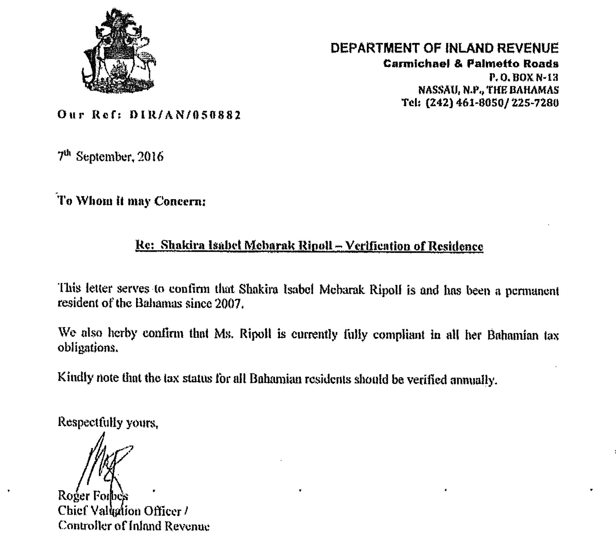 Certificado que aportó Shakira para justificar su residencia en Bahamas.