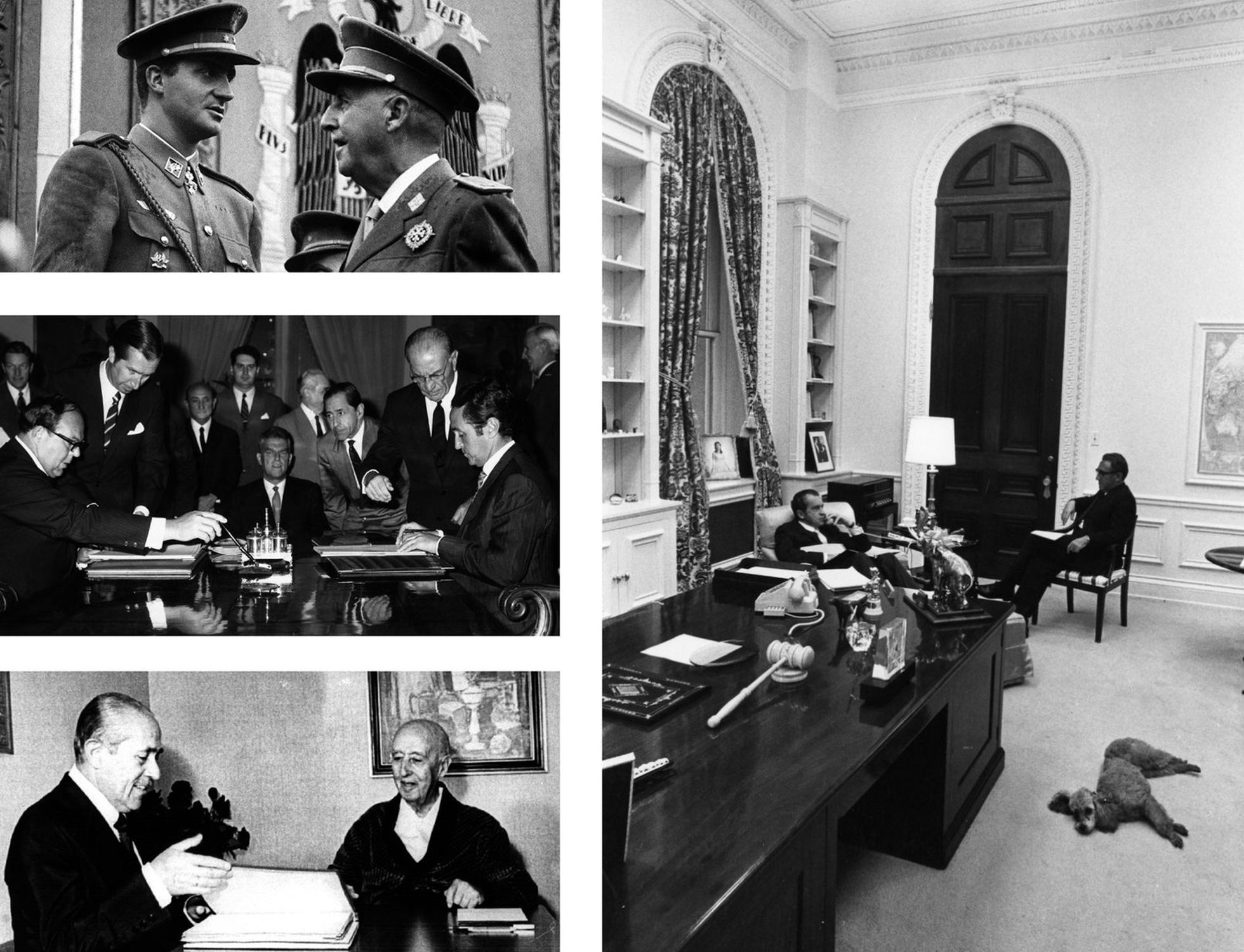 A la izquierda, desde arriba, Franco conversa con el príncipe Juan Carlos durante un desfile militar, en Madrid en 1966. Firma en septiembre de 1970 del Convenio de Amistad y Cooperación entre España y los Estados Unidos entre el ministro de Asuntos Exteriores, Gregorio López Bravo (a la derecha) y el embajador de los EE UU Robert C. Hill (izquierda). Debajo, Franco, ingresado por flebitis, atiende al presidente Arias Navarro en el verano de 1974. A la derecha, Nixon conversa relajadamente con Kissinger en la Casa Blanca.