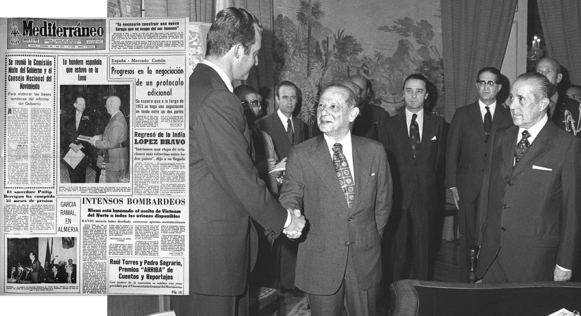 El embajador de EE UU en España, Horacio Rivero, estrecha la mano del príncipe Juan Carlos tras la firma de la Declaración de Principios hispano-norteamericana en Madrid en julio de 1974. A la derecha, portada del diario 'Mediterráneo' del 21 de diciembre de 1972 que refleja un acto protocolario de Rivero con Franco.