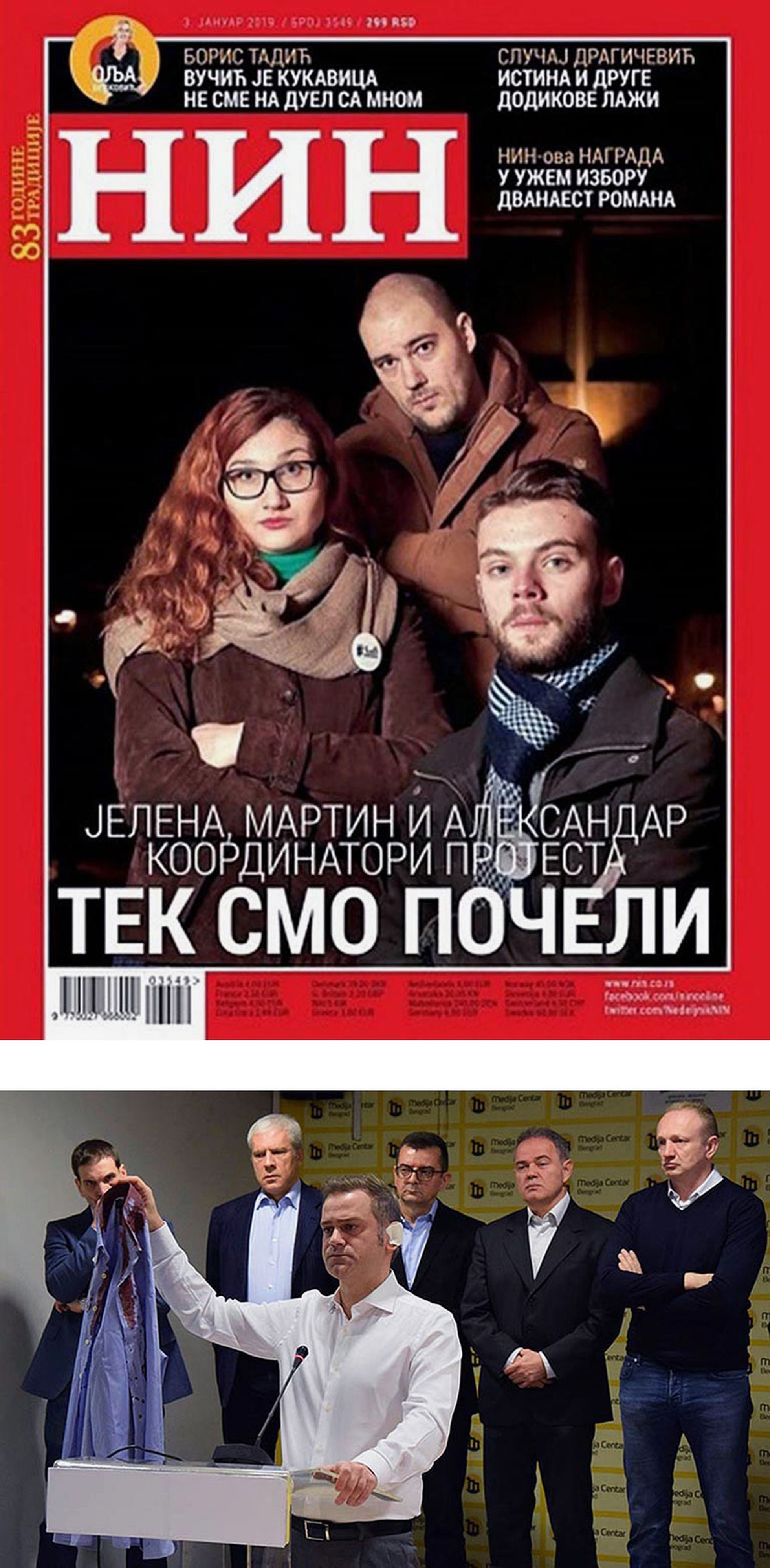 Arriba, portada de la revista serbia 'NIN' de enero de 2019. Debajo, Borko Stefanovic muestra la camisa que llevaba cuando fue agredido, en noviembre de 2018 en Belgrado, en una imagen facilitada por el Partido de la Libertad y la Justicia.