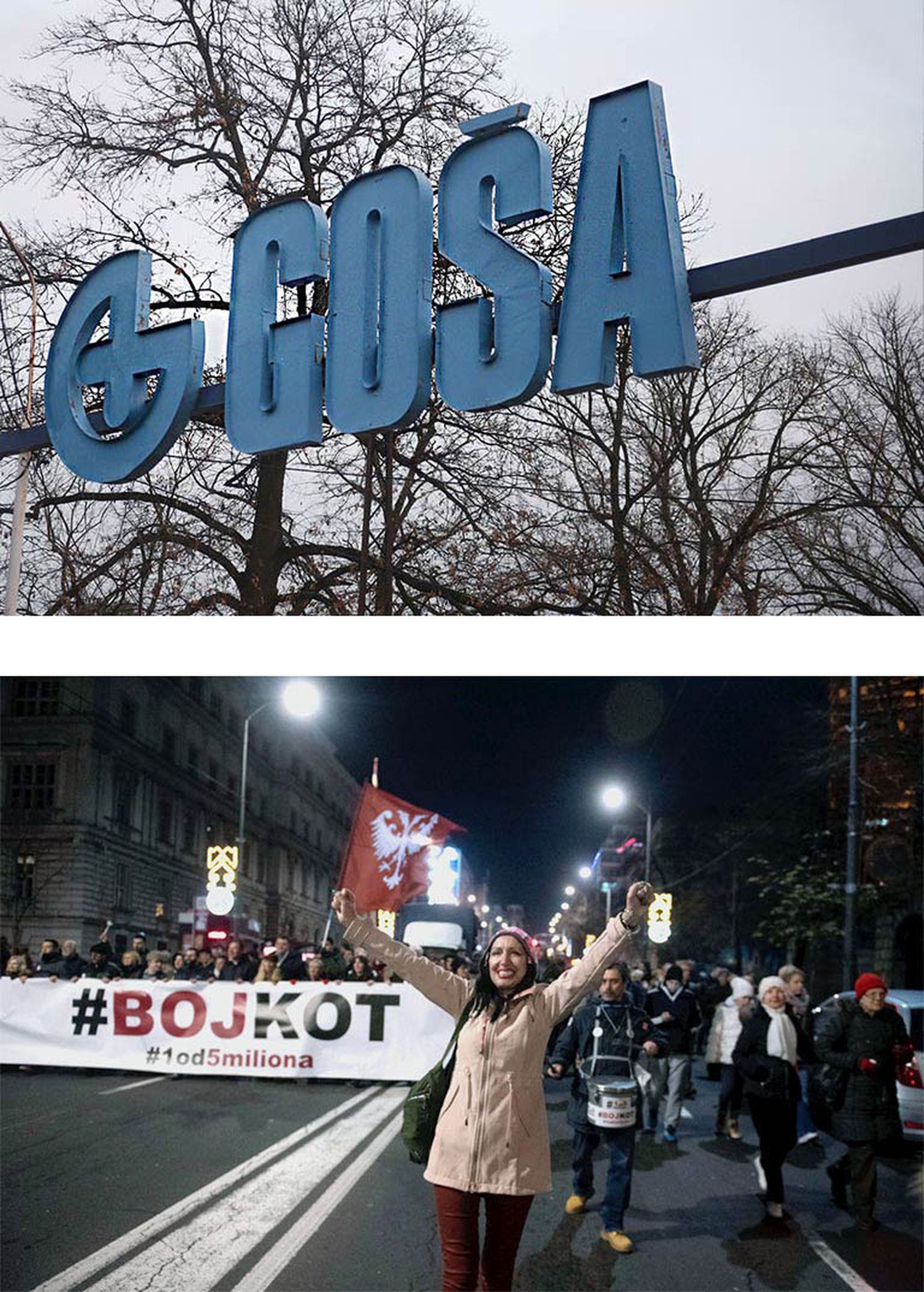 Arriba, letrero de la fábrica ferroviaria de Gosa. Abajo, protesta de 1od5miliona en Belgrado, a finales de 2019