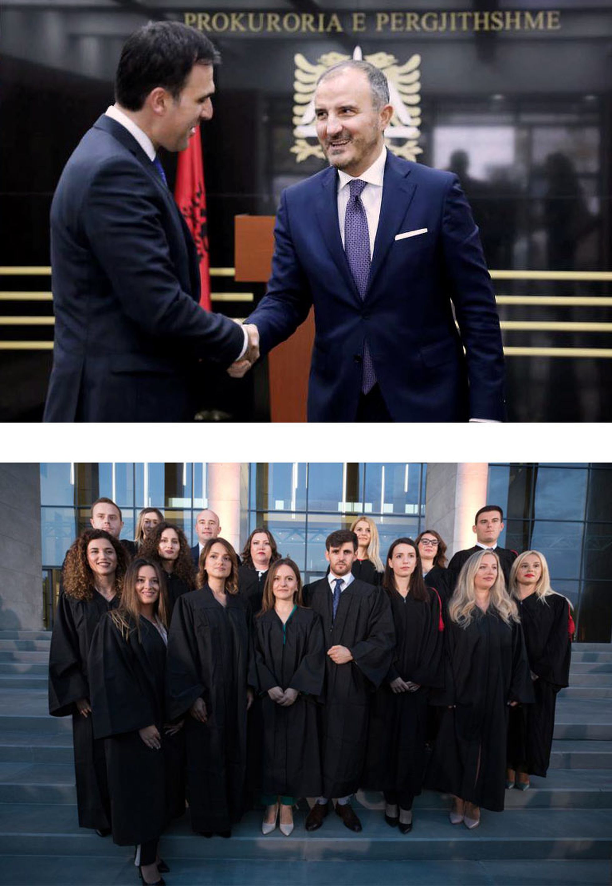Arriba, el fiscal general de Albania, Olsian Çela, y el embajador de la UE Luigi Soreca. Abajo, jura de nuevos magistrados en julio de 2019 en Tirana.