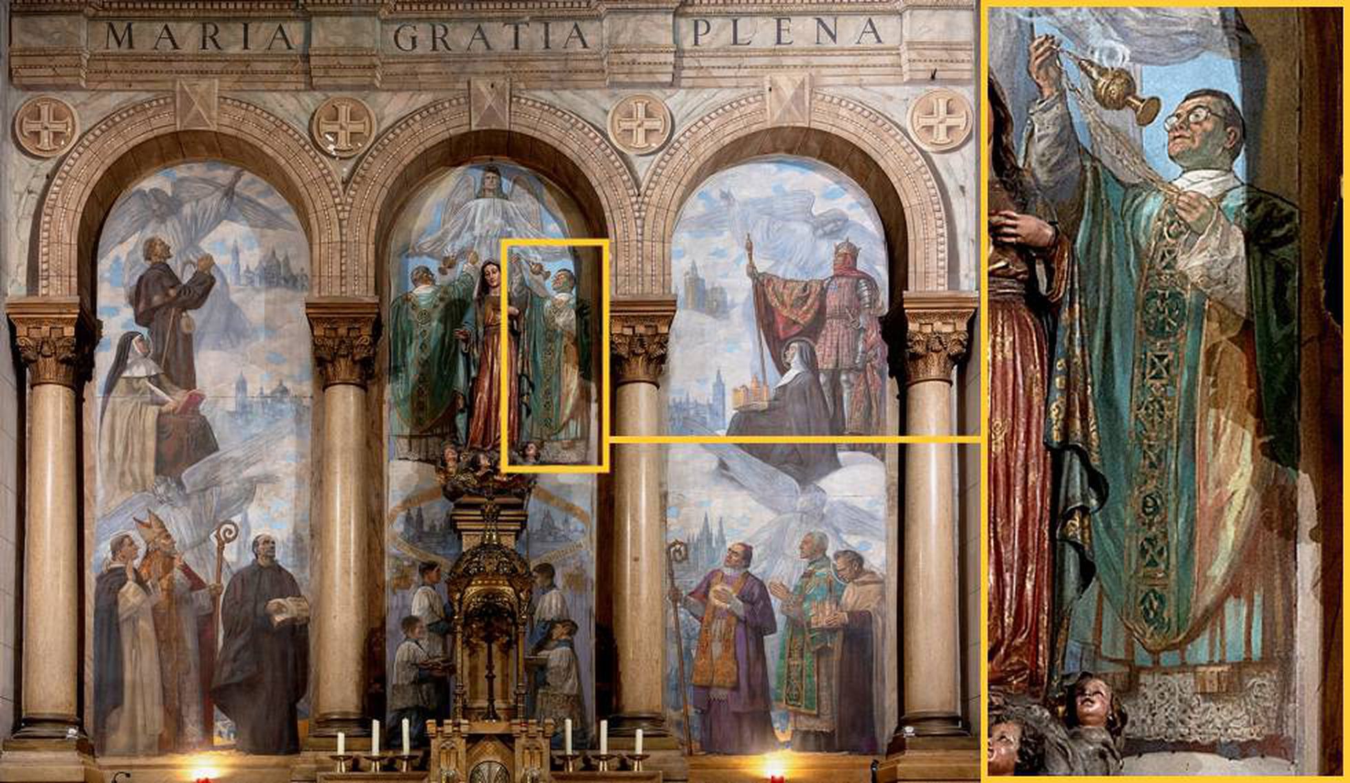 El retablo mayor de la iglesia de la misiónbclaretiana, donde se cree que aparece, en el centro a la derecha de la Virgen, retratado el padre Joaquín Aller, uno de los falsificadores de Dios.