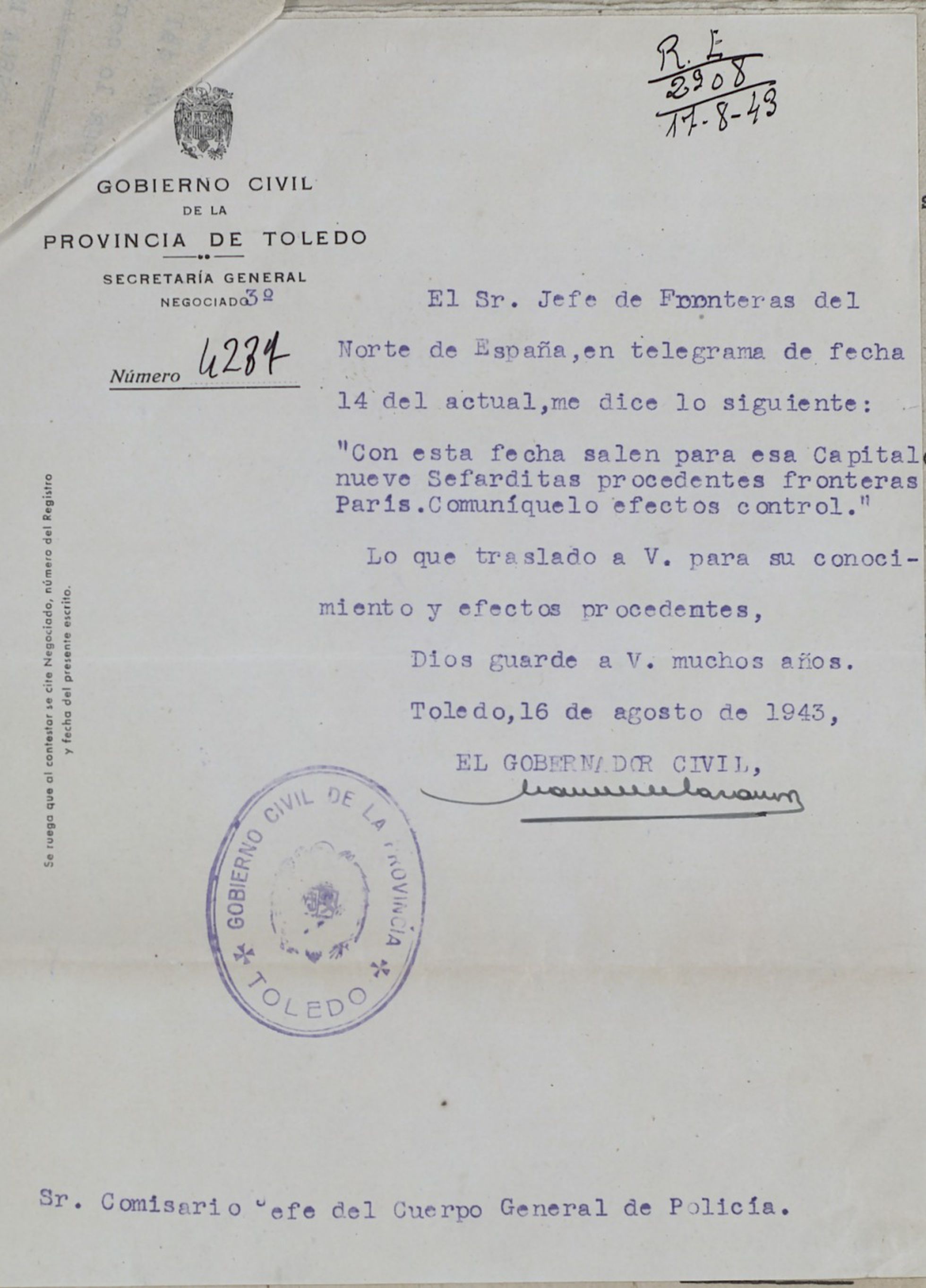 Telegrama del gobernador civil de Toledo al comisario jefe de la ciudad en el que le informa de que nueve sefardíes, entre ellos varios de los "bautizados", han salido de Francia el 14 de agosto de 1943 con destino a la ciudad castellanomanchega.