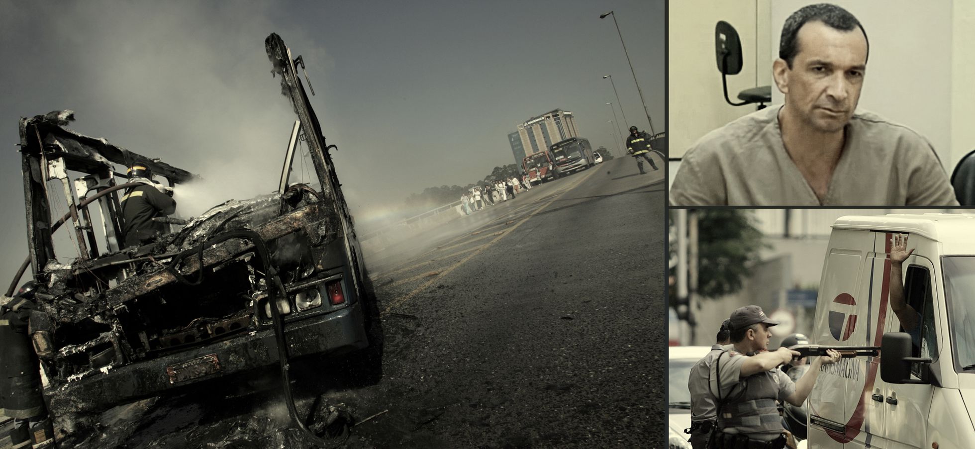 A la izquierda, un autobús quemado durante la ola de ataques organizada en São Paulo por el PCC en mayo de 2006. Murieron 560 personas en dos semanas. A la derecha, arriba, Marcos Williams Herbas Camacho, ‘Marcola’, el dirigente que simboliza la organización, en un juicio y, debajo, un policía encañona a un hombre durante los ataques de 2006. / MAURICIO LIMA (AFP) / ROBSON FERNANDJES (AFP)