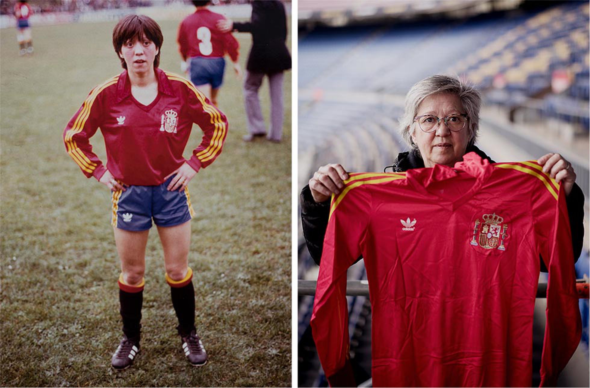 A la izquierda, Elizabet Sánchez Rubio, con la selección en 1983. A la derecha, Rubio posa con la camiseta de España la semana pasada en el Camp Nou. / GIANLUCA BATTISTA