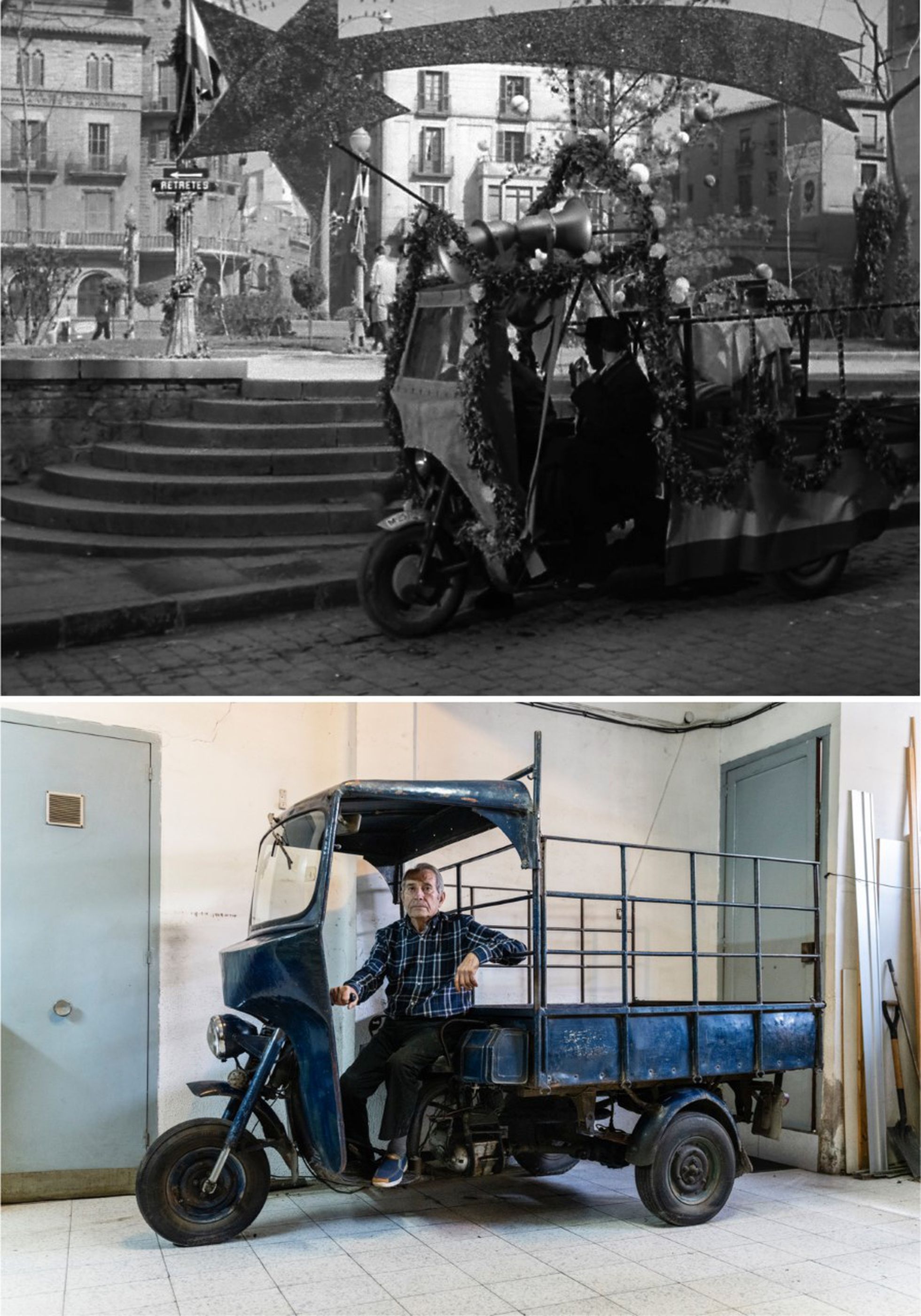 Arriba, el motocarro de 'Plácido', en el arranque de la película en la plaza Sant Domènec de Manresa. Debajo, el motocarro y su propietario, Enric Martí, el pasado 8 de abril en el garaje de su casa.