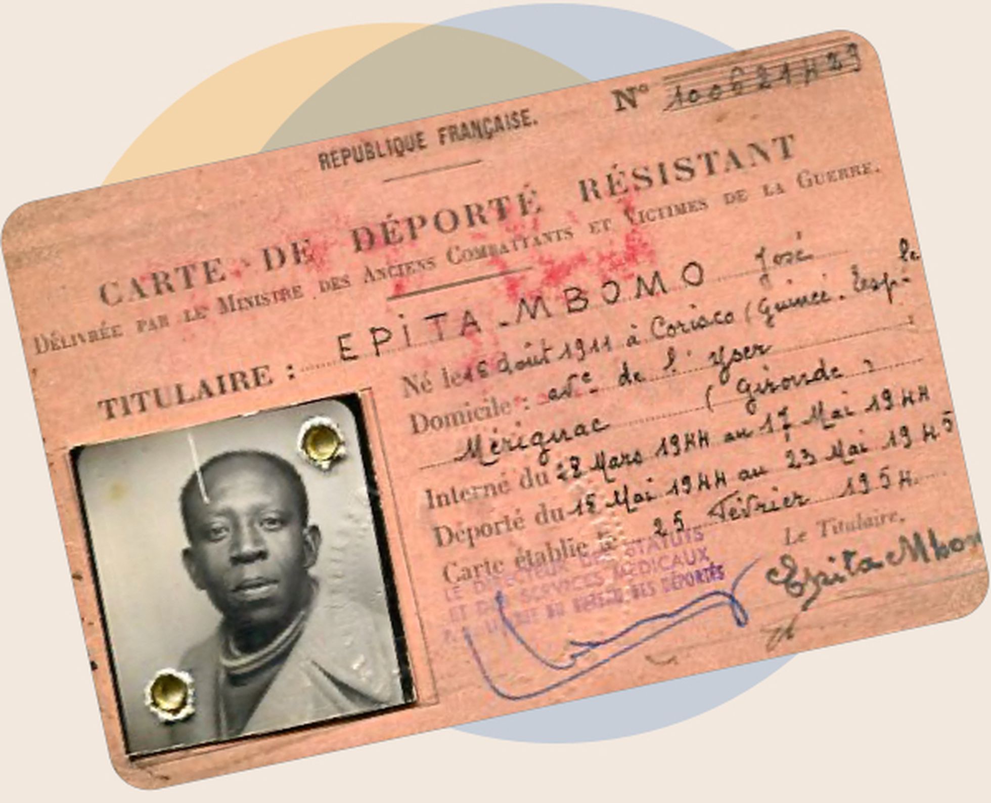 Carné de resistente deportado de José Epita Mbomo emitido por Francia en 1954.