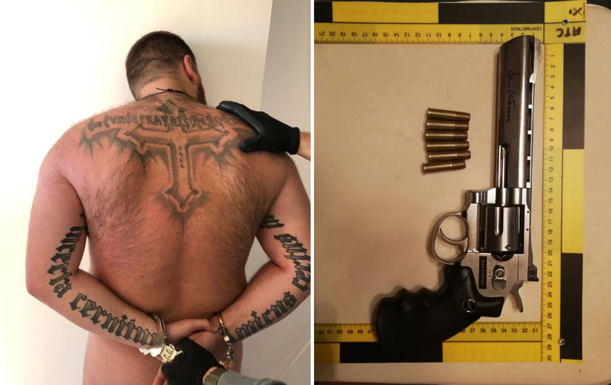 Imágenes cedidas por la Policía Nacional de un miembro de una organización criminal polaca detenido en Marbella en 2019 y un arma incautada a una banda de la Costa del Sol. 