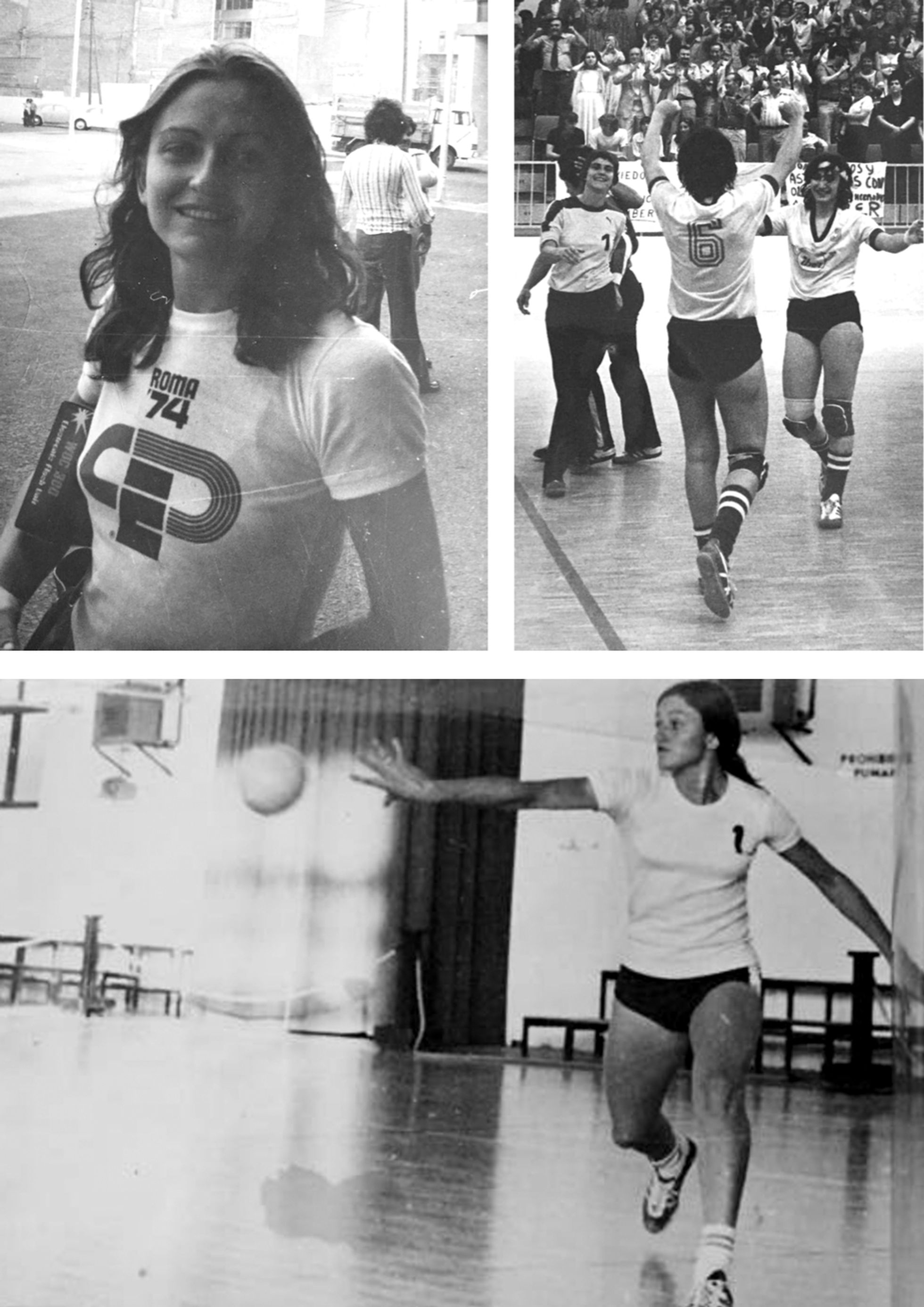 Cristina Mayo, leyenda del balonmano español, en el viaje de fin de carrera a Italia, en 1974. A la derecha, como jugadora del Íber Valencia, en 1978. La tercera imagen se tomó en 1973, cuando estudiaba Educación Física, en el pabellón de la escuela de especialidades Julio Ruiz de Alda, en Madrid.