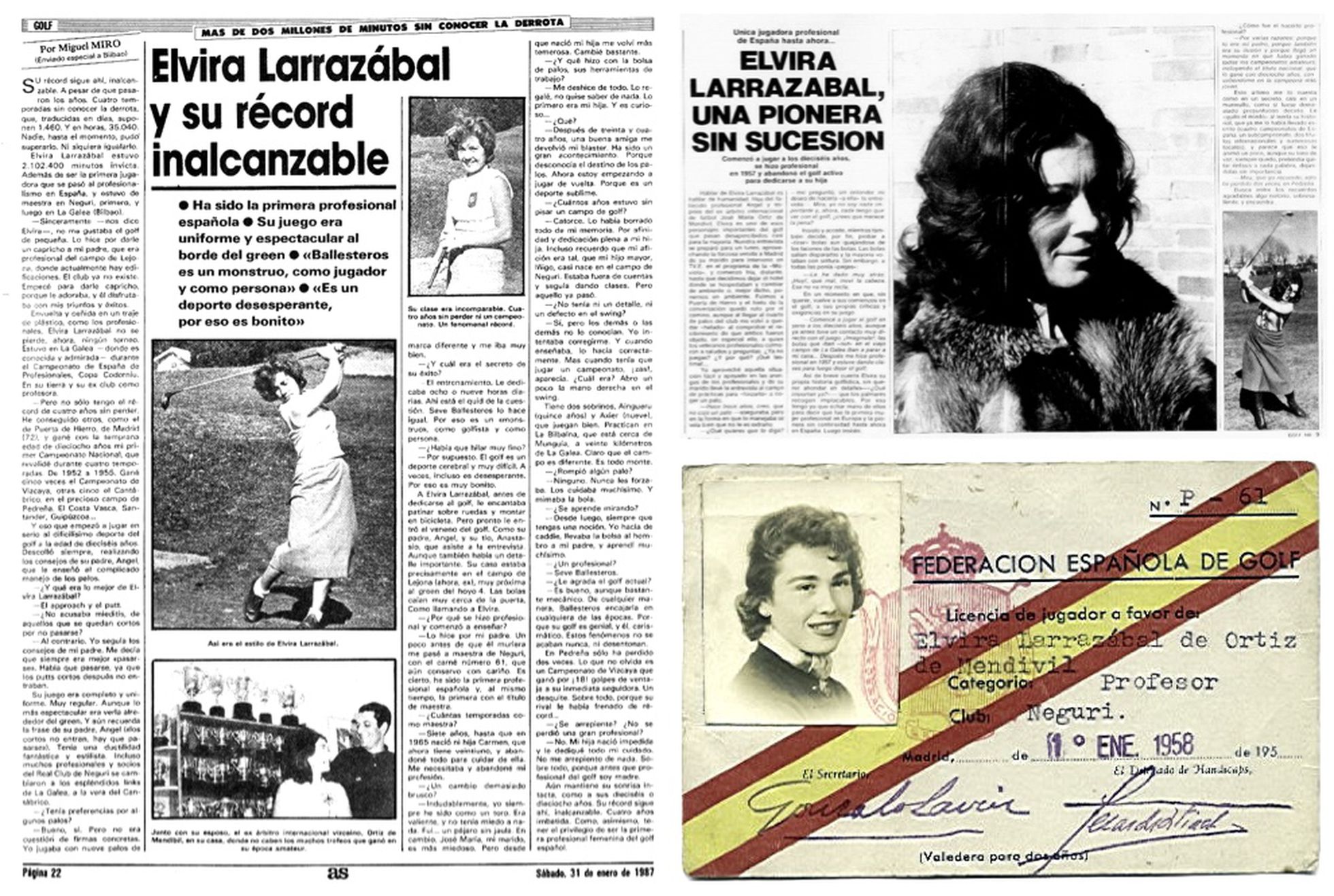 Recortes de prensa y carnet de Elvira Larrazabal como profesional, de 1958.