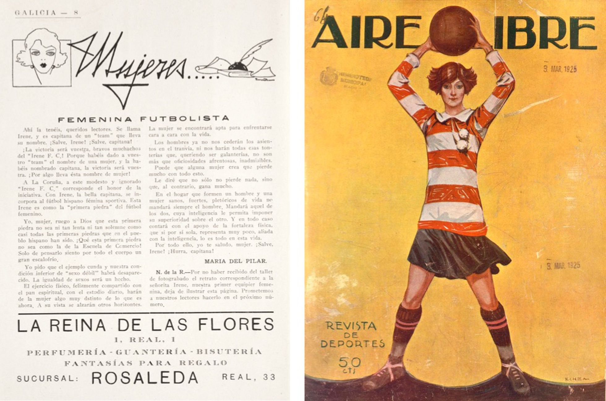 A la izquierda, artículo titulado “Femenina Futbolista” publicado en 'Galicia: revista gráfica y popular' el 2 de febrero de 1925).  A la derecha, portada de la revista 'Aire Libre' del 3 de marzo de 1925.