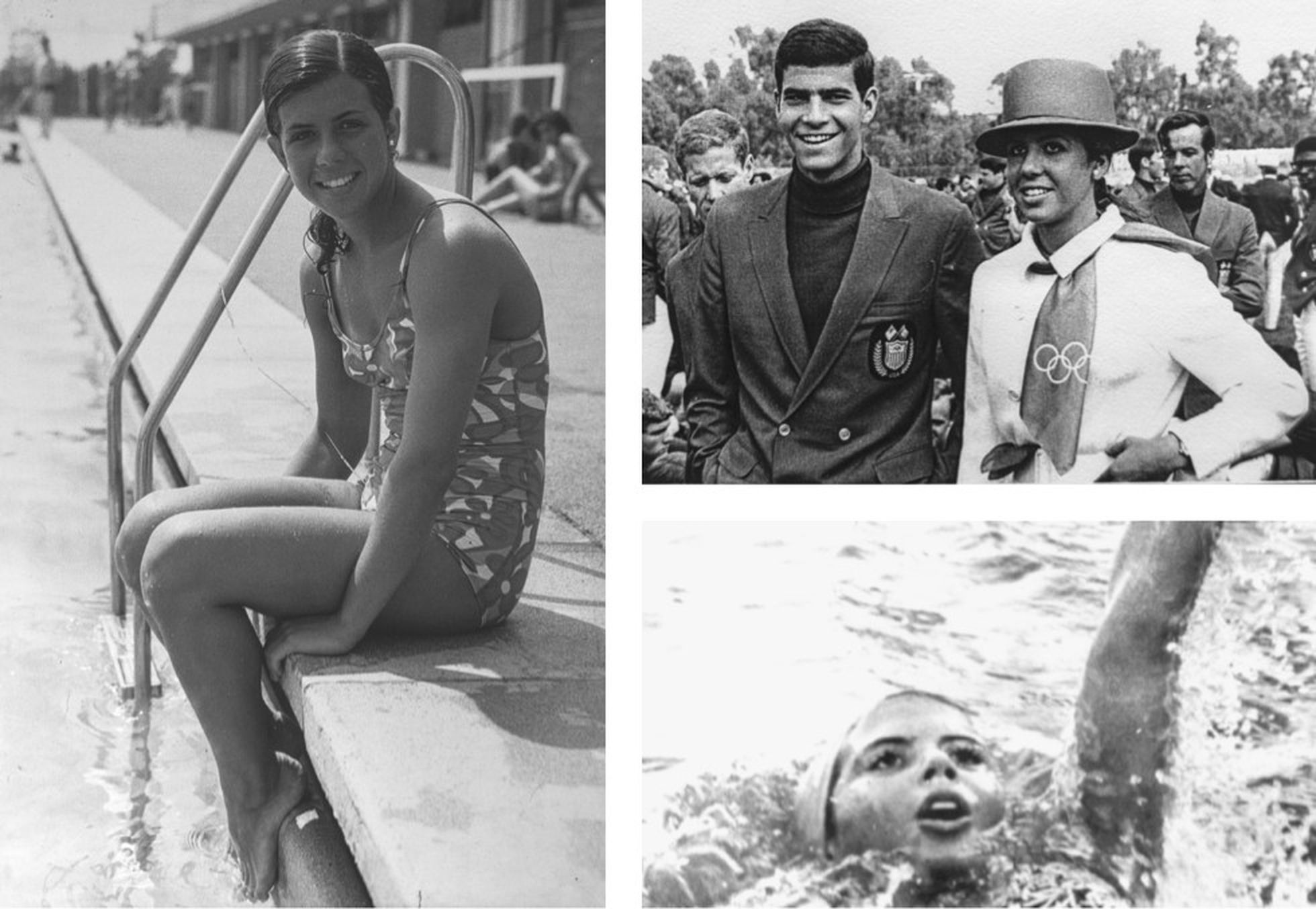 Mari Paz Corominas, en la piscina del CN Sabadell. A la derecha, durante los Juegos Olímpicos de 1968. En una de las imágenes, junto a Mark Spitz, ganador de cuatro medallas en esos Juegos.