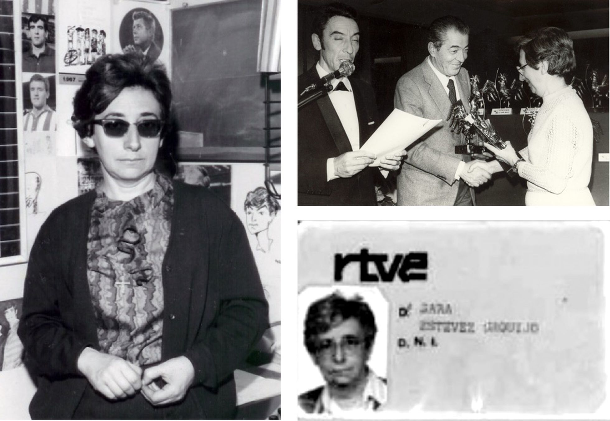 Retrato de Sara Estévez, en la redacción de Radio Juventud, en Bilbao, y su carnet de prensa de RTVE. A la derecha, la periodista entrega un galardón en la Noche del Deporte de Radio Juventud.
