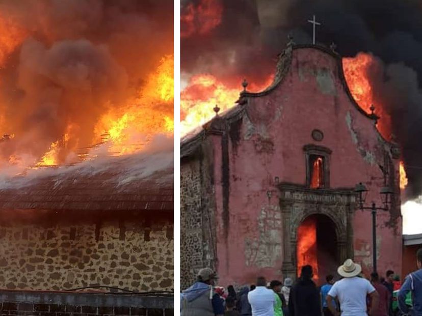 Flames consume the Apostle Santiago Church in Michoacán state.