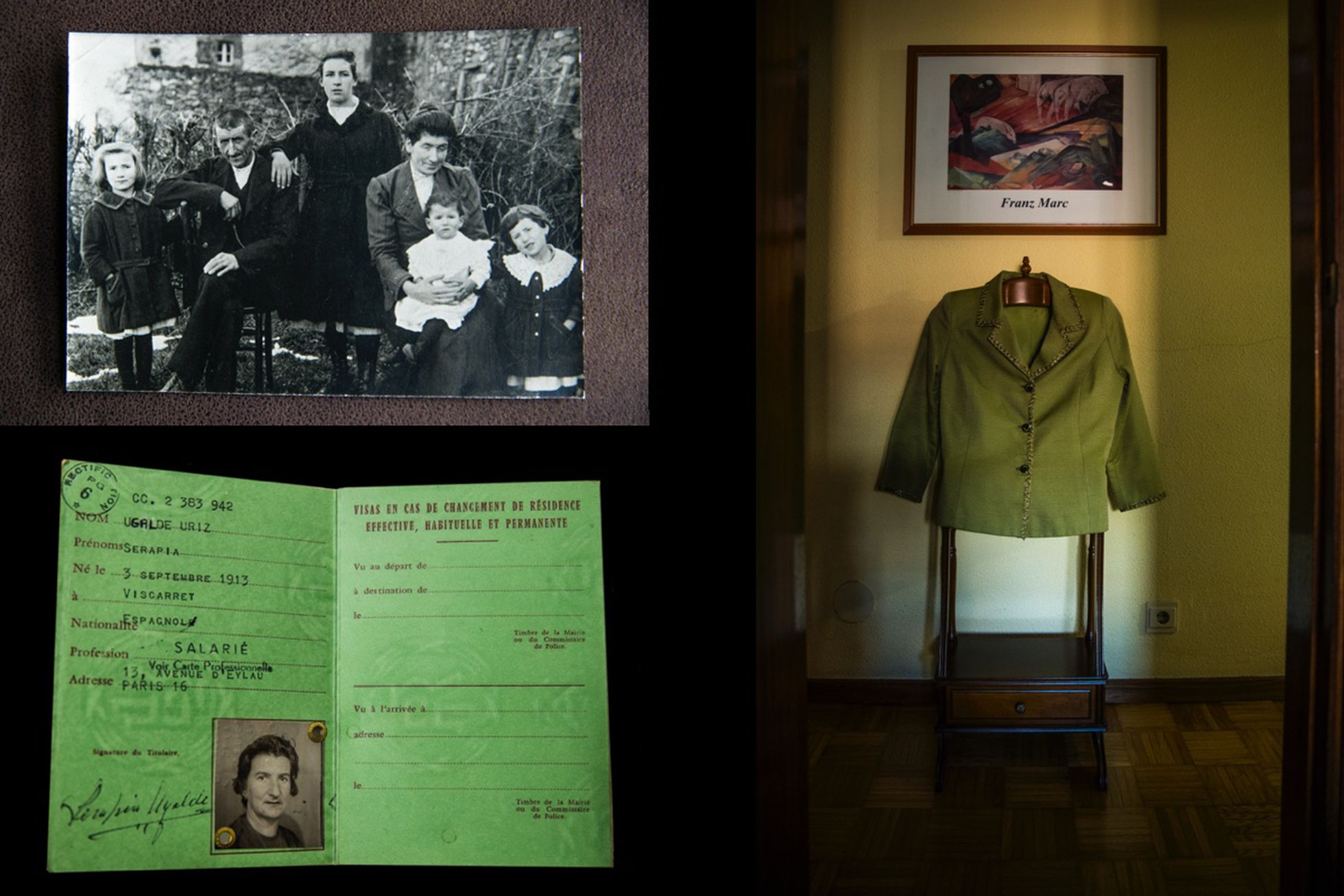 Foto familiar de Serapia Ugalde (en el centro de la imagen), su documentación francesa y una chaqueta que le perteneció.