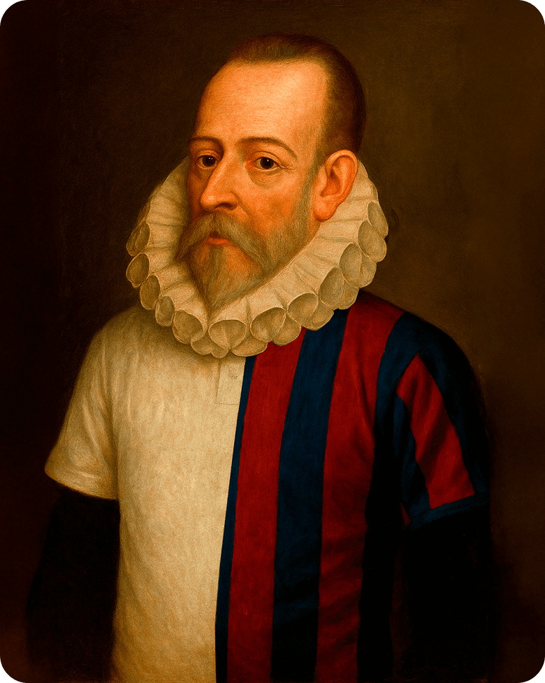 Retrato de Cervantes elaborado por ChatGPT de OpenAI, vistiendo una camiseta hecha con un collage de las del Real Madrid y el FC Barcelona