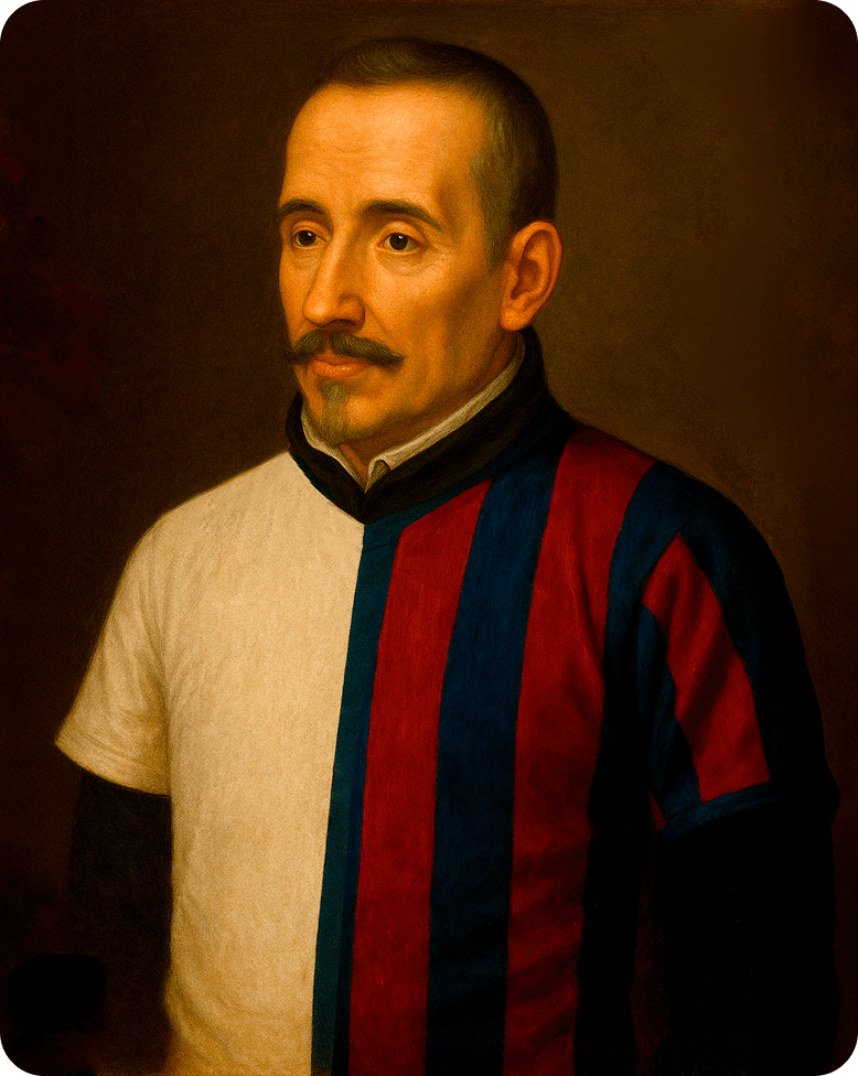 Retrato de Lope de Vega elaborado por ChatGPT de OpenAI, vistiendo una camiseta hecha con un collage de las del Real Madrid y el FC Barcelona