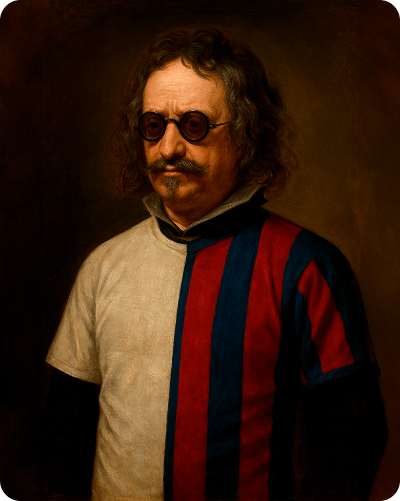 Retrato de Francisco de Quevedo elaborado por ChatGPT de OpenAI, vistiendo una camiseta hecha con un collage de las del Real Madrid y el FC Barcelona