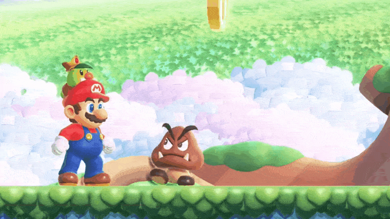 Un goomba muerde a Mario en Super Mario Wonder