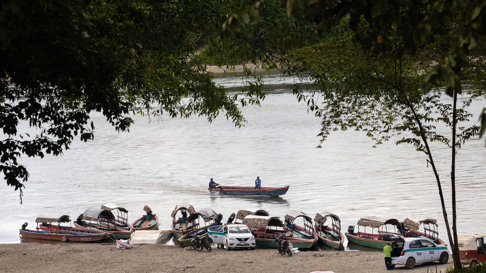 Boats on the Usumacinta River in Frontera Corozal, Ocosingo, Chiapas, on the border between Guatemala and Mexico.