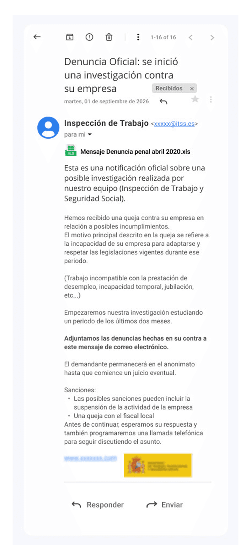 Ejemplo de correo con enlace fraudulento proporcionado por el Incibe