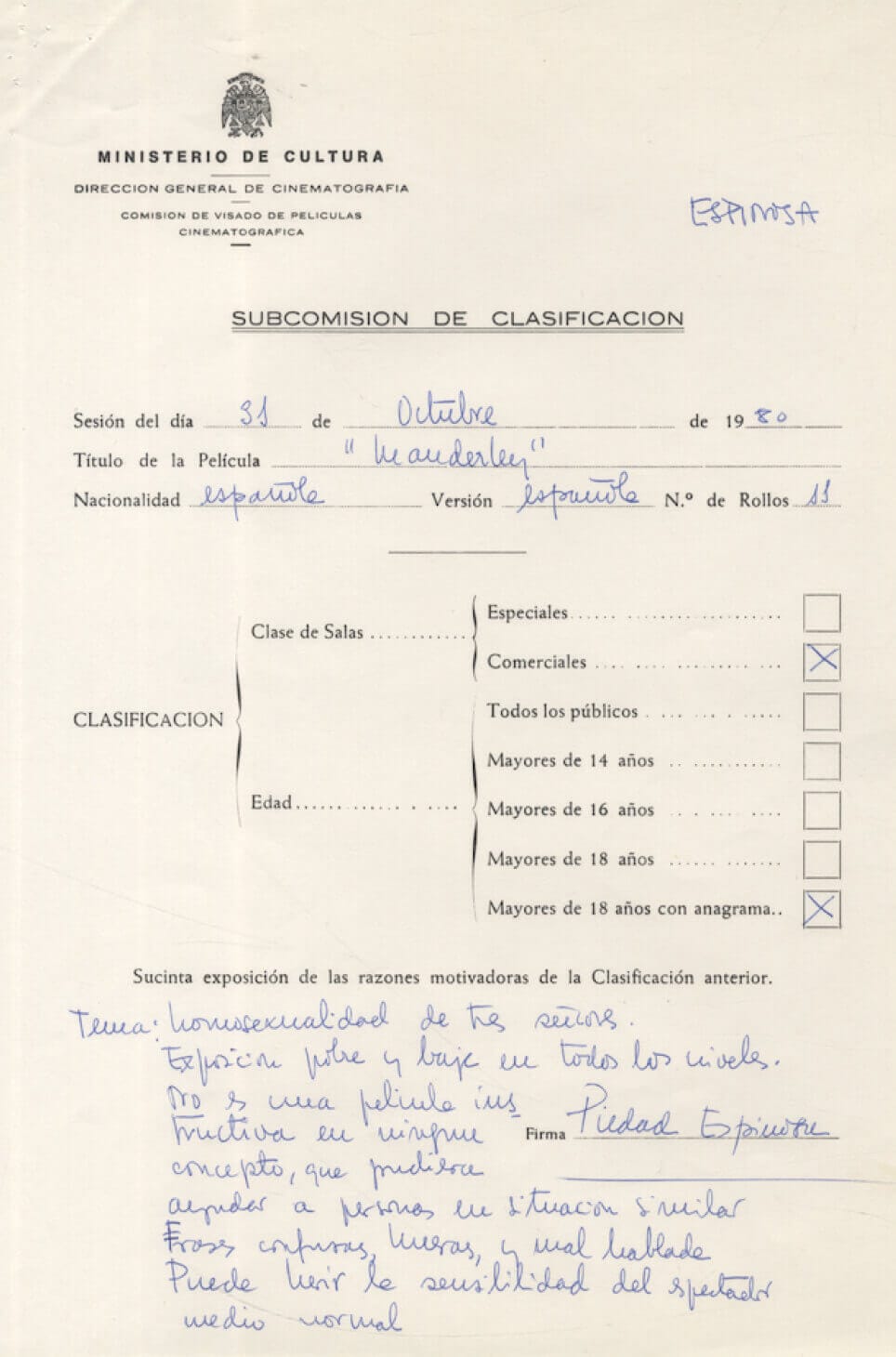 Informe de calificación por edades de ‘Manderley’