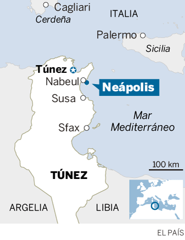 Mapa de localización de Neápolis, frente a la costa de Nabeul, Túnez